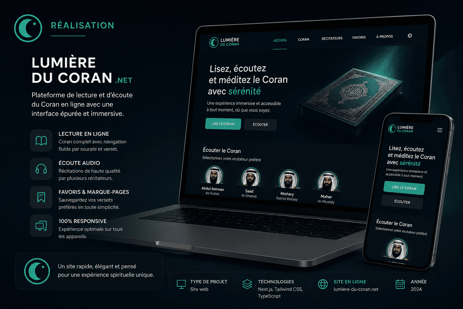 Page d’accueil du site La Lumière du Coran : écran de connexion sur fond bleu nuit, logo croissant de lune vert, accroche « Écoutez le Coran audio en ligne » et sélecteur de langue français, anglais et arabe.